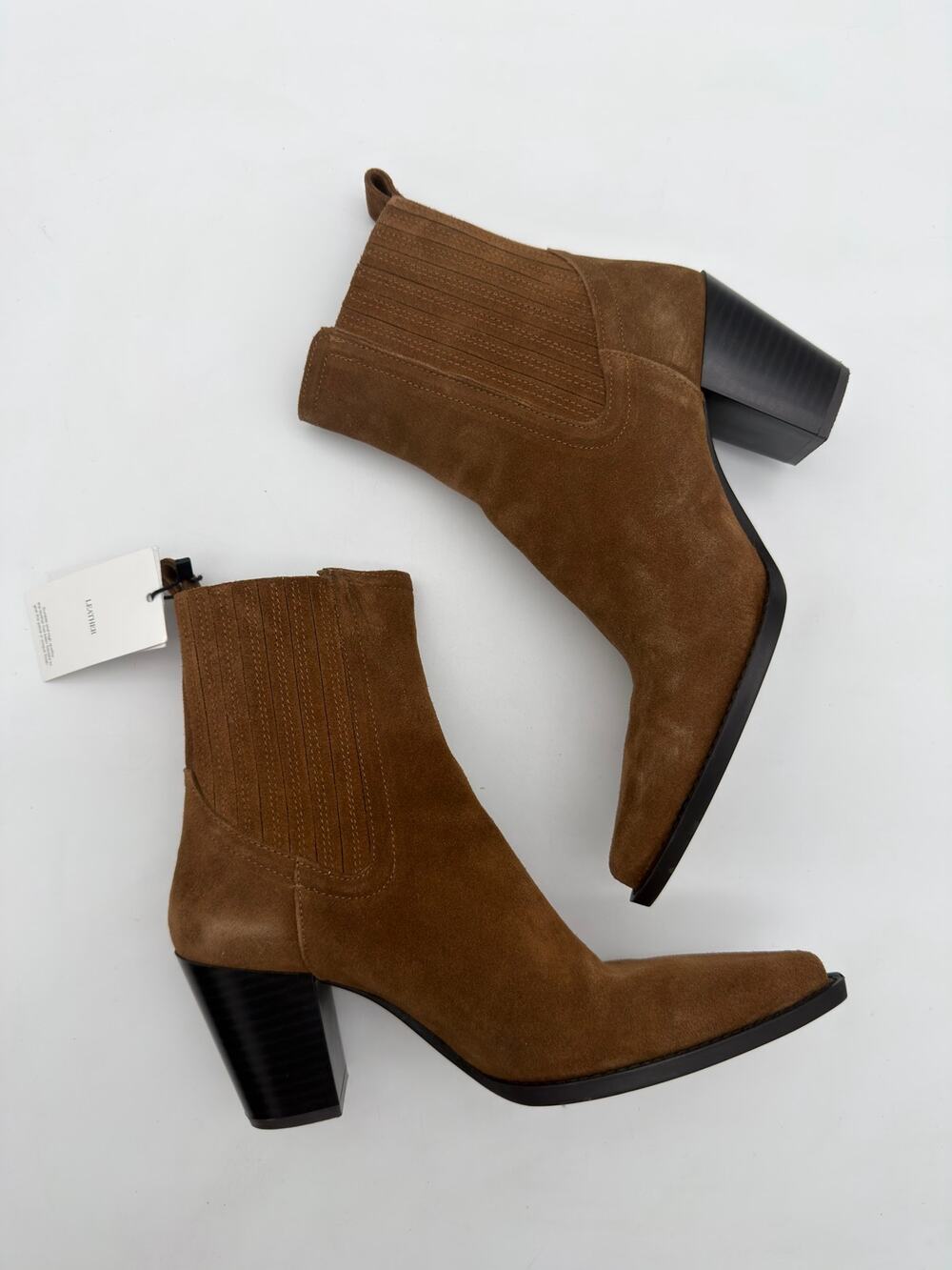 Mango Western Tobacco Cognac Brown Bovine Suede Leather Block Heel Boots 9.5